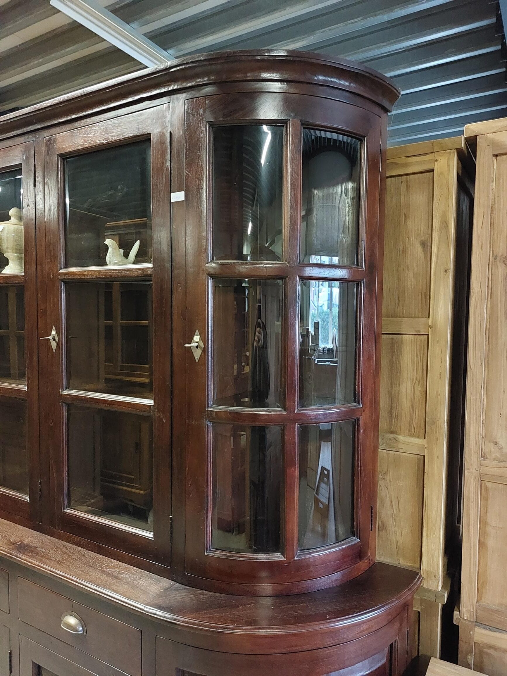 Half Ronde Koloniale Teak Buffetkast 240cm - Facet Glas - Afbeelding 2