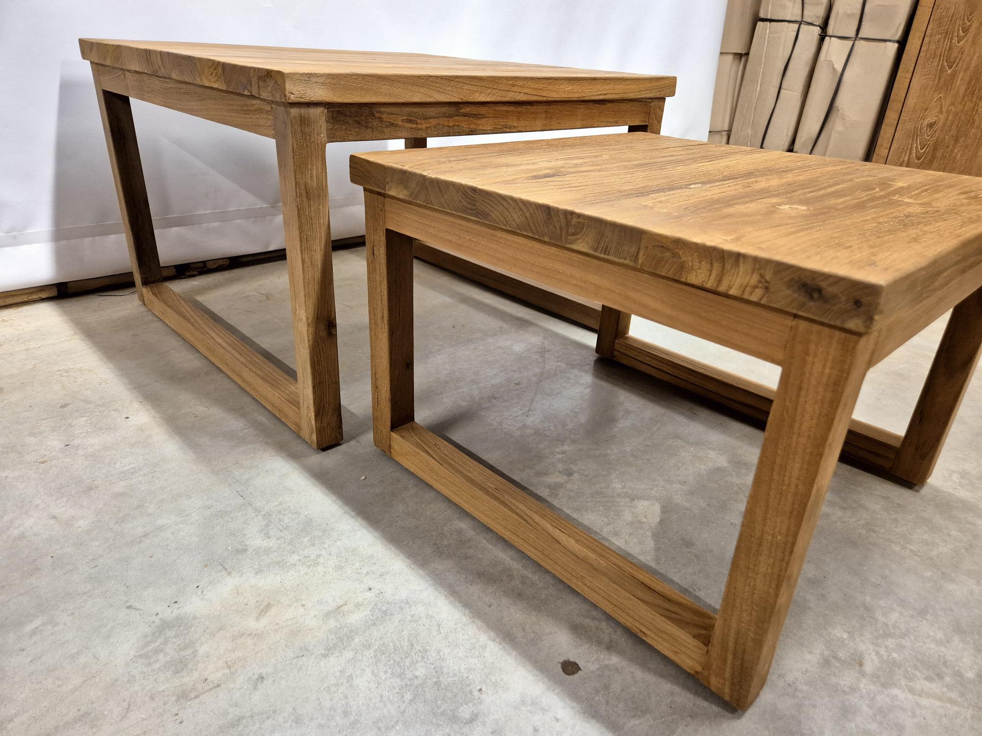 Set van 2 Massief Teakhouten Salontafels – Gerecycled Teak, Schuifbaar Design - Afbeelding 2