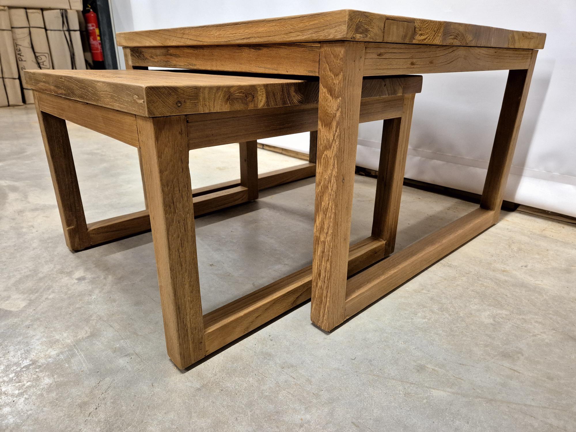 Set van 2 Massief Teakhouten Salontafels – Gerecycled Teak, Schuifbaar Design - Afbeelding 5