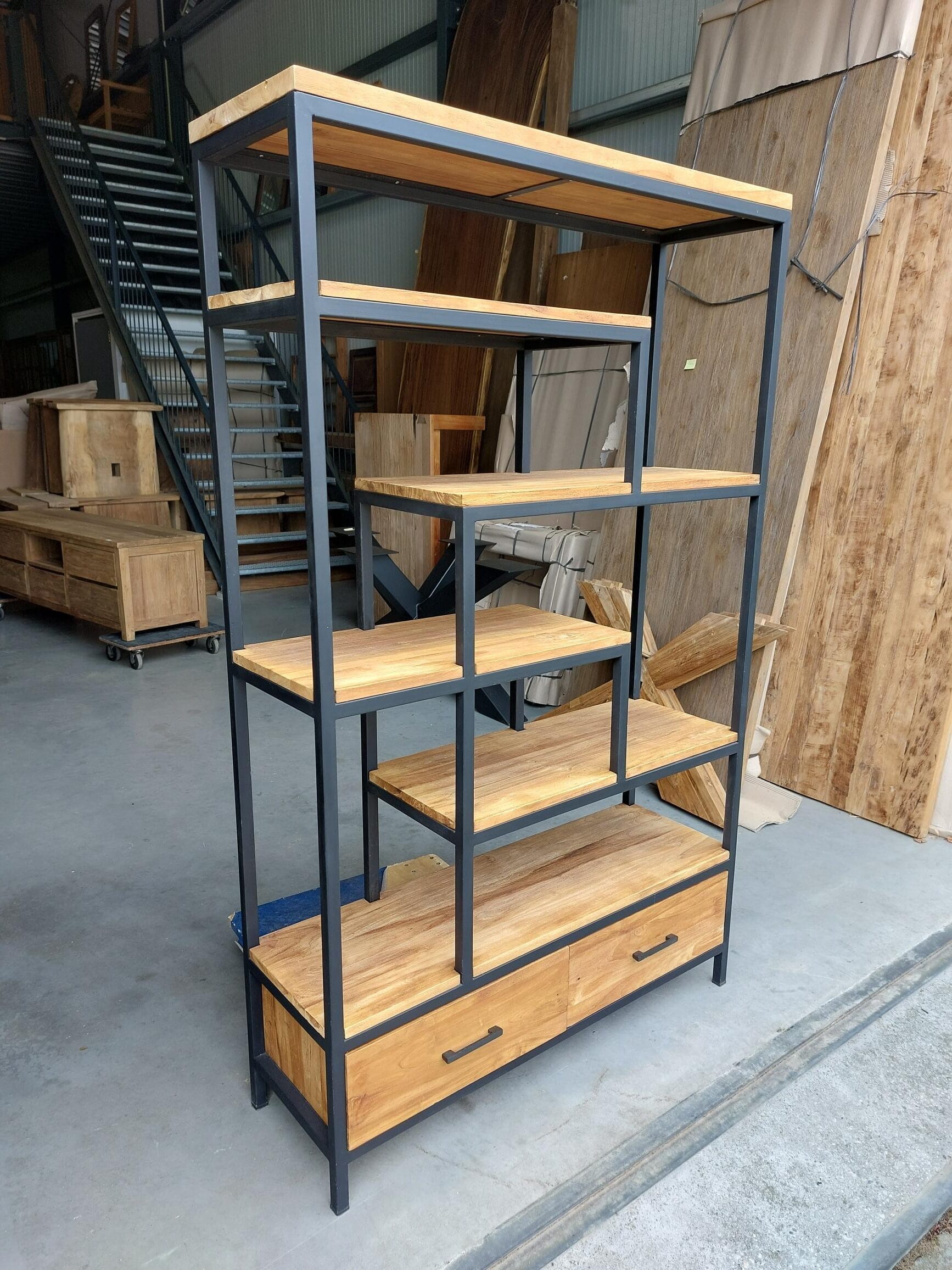 Industriële Teakhouten Vakkenkast met Staal - 110 cm - Afbeelding 2