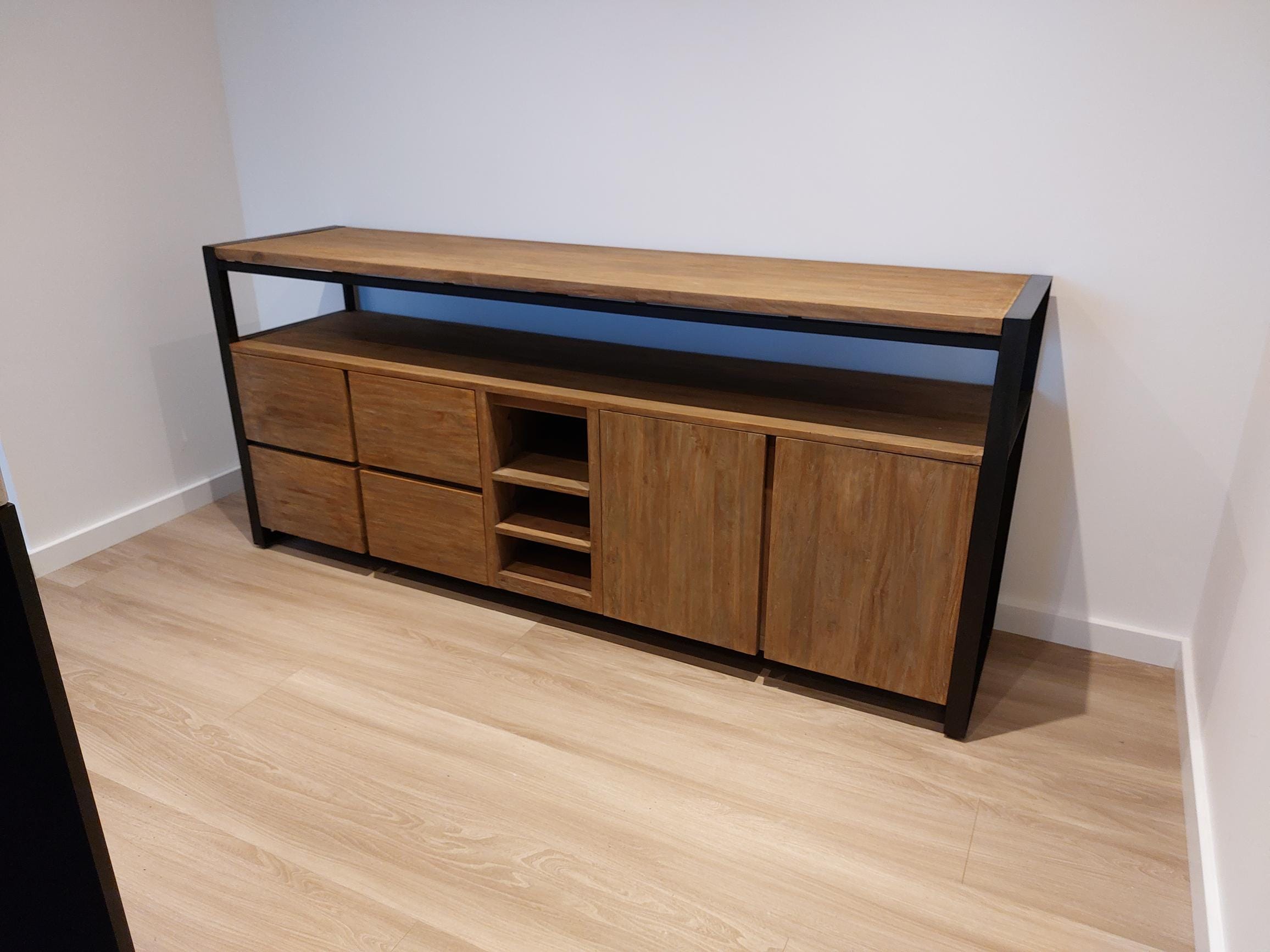 Industrieel Teak Dressoir 220 cm - Zwart Staal & Oud Hout - Afbeelding 2