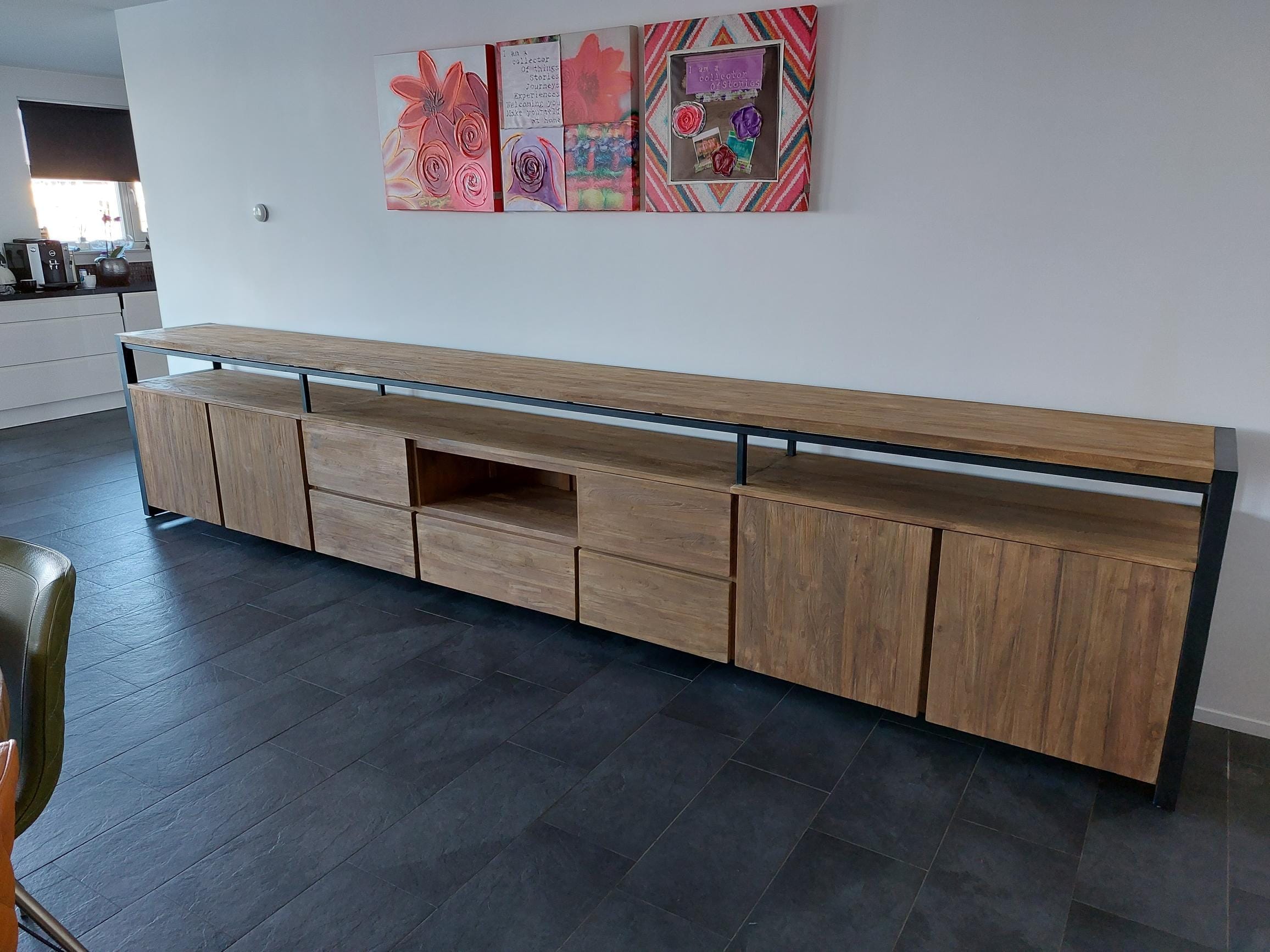 Industrieel Teak Dressoir 4 Meter - Oud Hout & Zwart Staal - Afbeelding 2