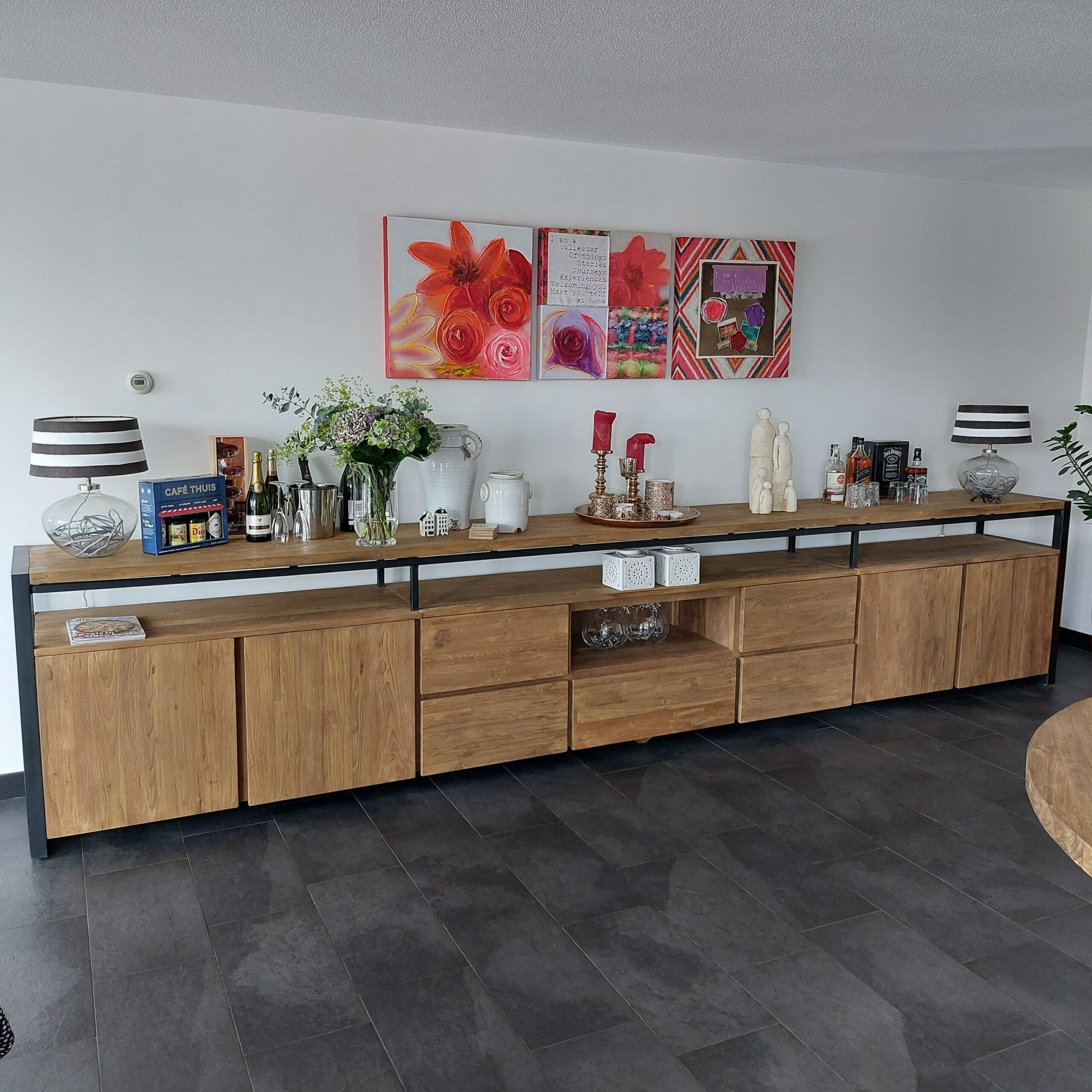 Industrieel Teak Dressoir 4 Meter - Oud Hout & Zwart Staal