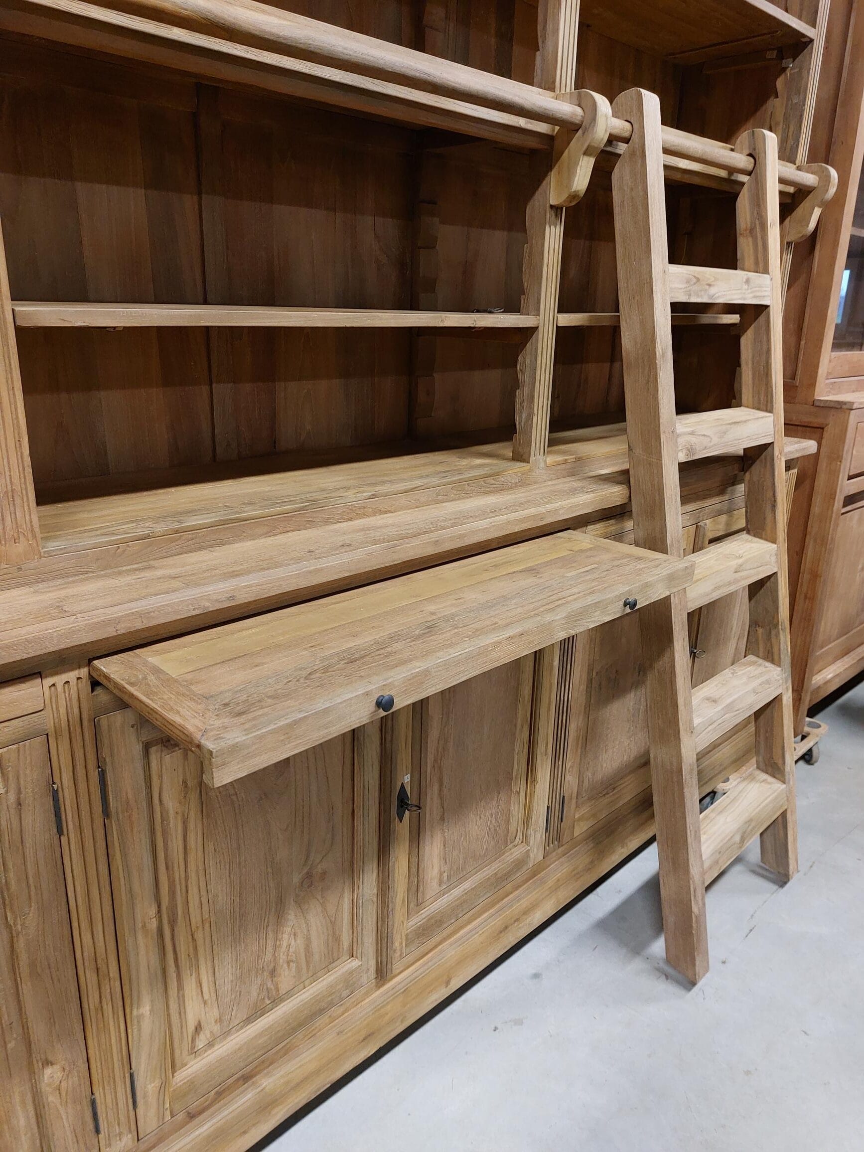 Teak Boekenkast Met Ladder - Bibliotheekkast 300 cm Oud Teak - Afbeelding 2