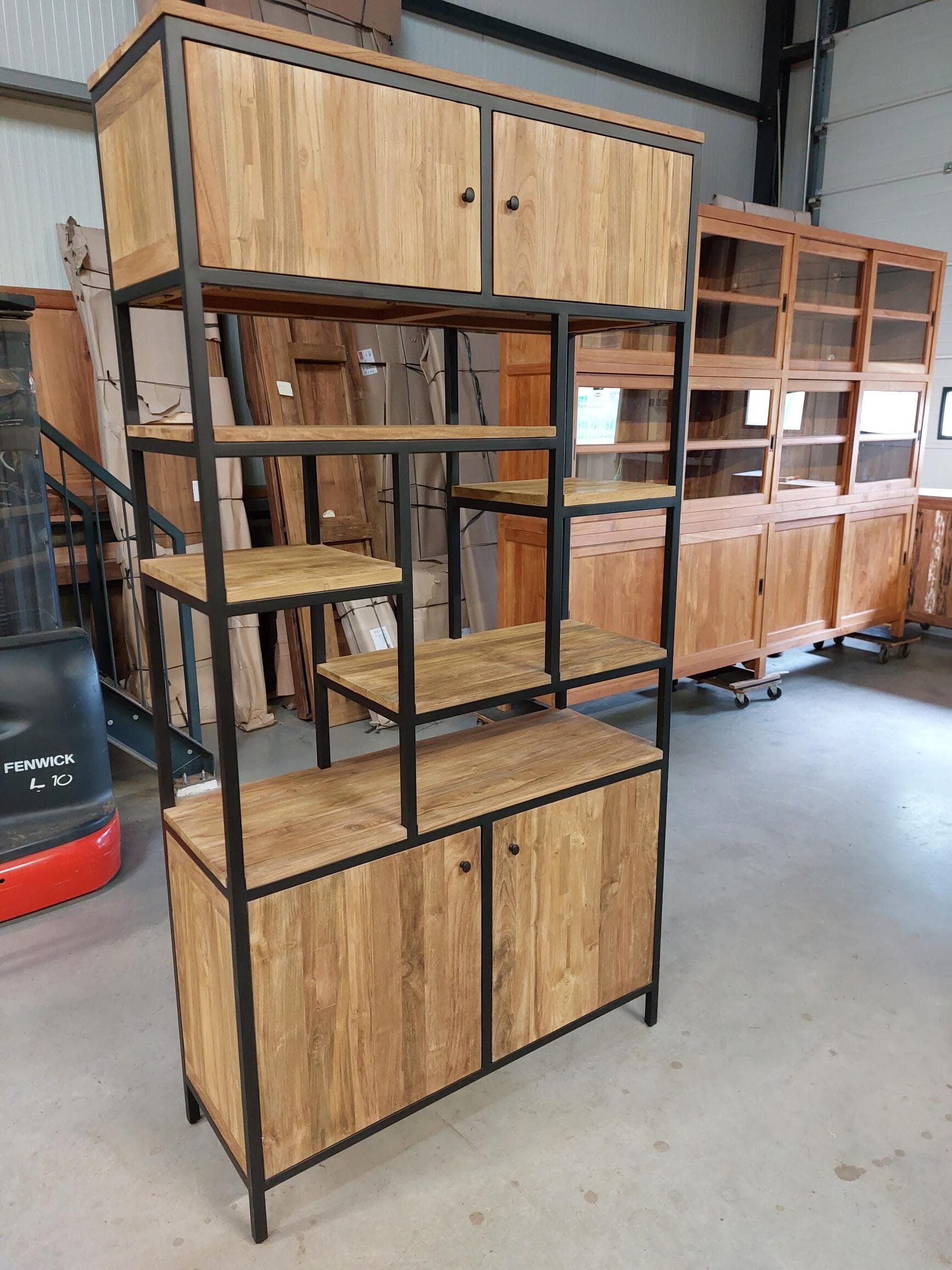Industriële Teakhouten Vakkenkast met Staal - 110 cm - Afbeelding 3
