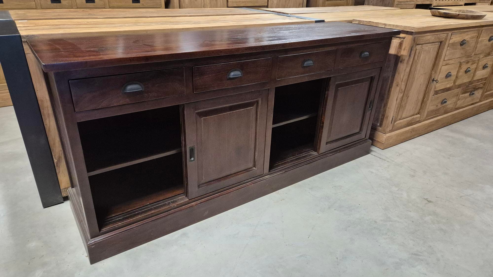 Teak Koloniaal Dressoir 200 cm - Houten Kast Schuifdeuren - Afbeelding 3