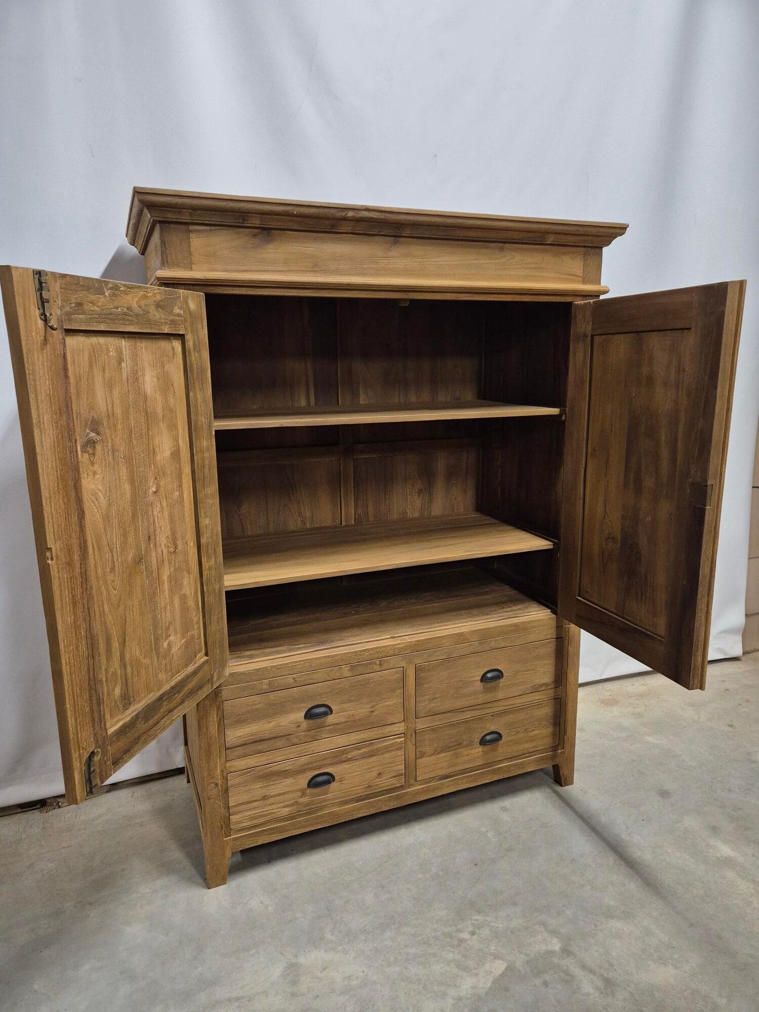 Teak Garderobekast 130 cm - Houten Kledingkast Met Laden - Afbeelding 2