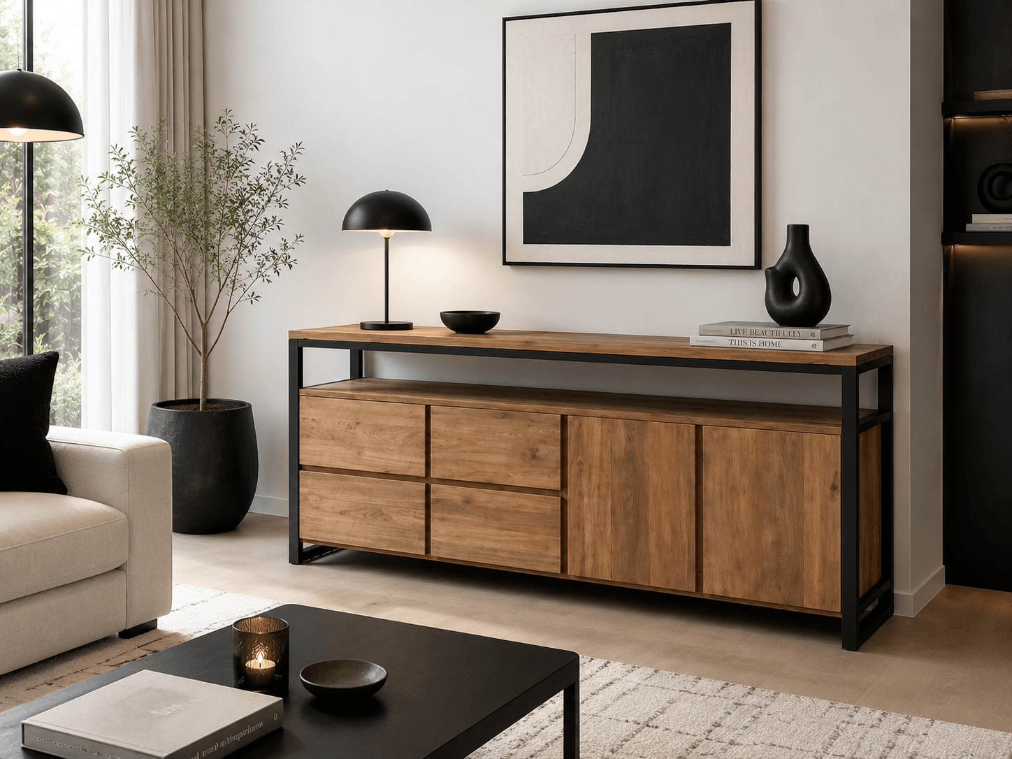 Industrieel Teak Dressoir 220 cm - Zwart Staal & Oud Hout