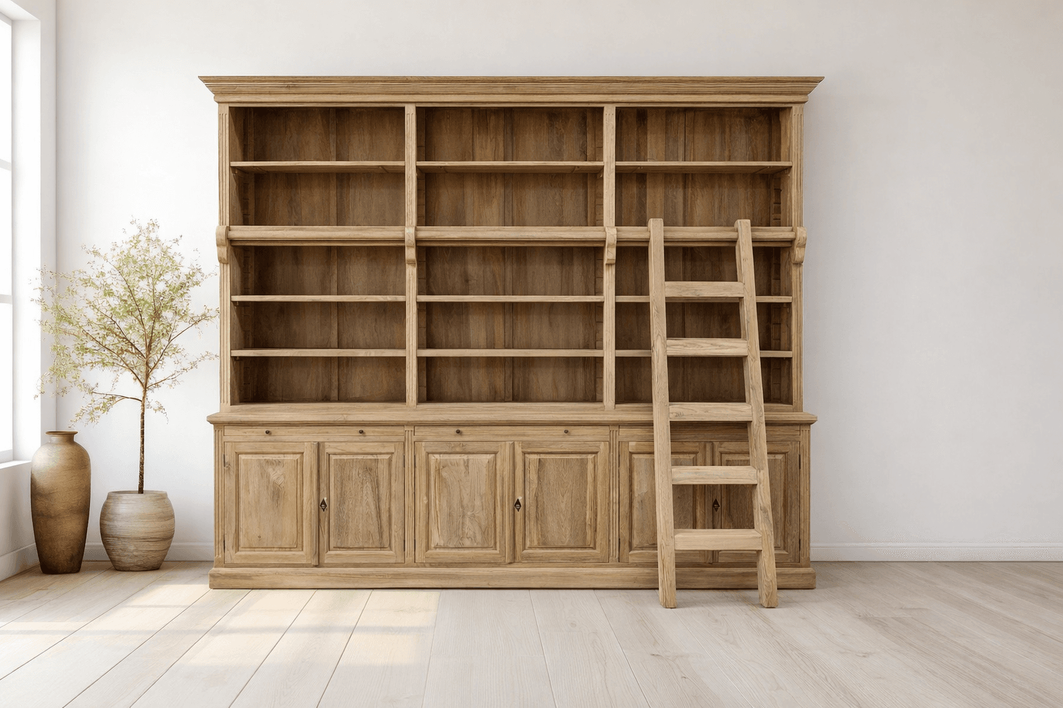 Teak Boekenkast Met Ladder - Bibliotheekkast 300 cm Oud Teak