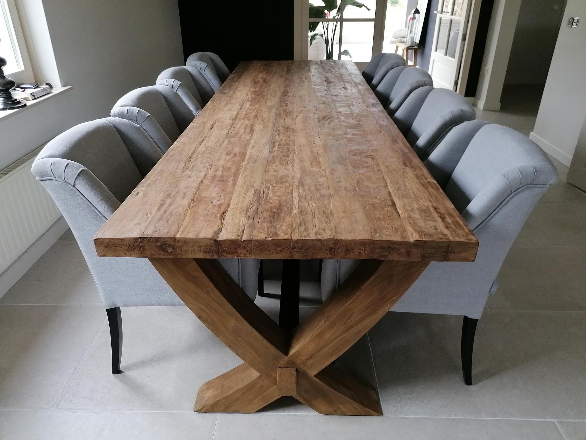Teak Kloostertafel Houten X-Poot - 300 x 100 cm (5 cm) - Afbeelding 2