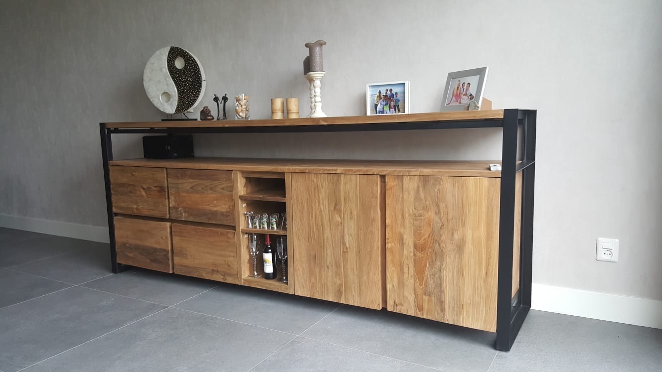 Industrieel Teak Dressoir Oud Hout - 230 x 50 x 90 cm Maatwerk - Afbeelding 2
