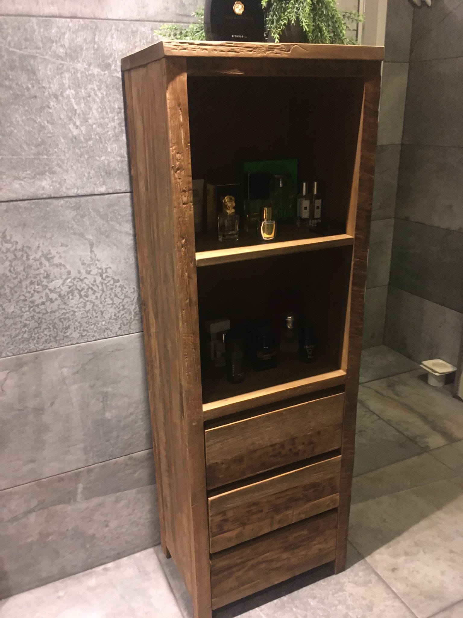 Hoge Teak Badkamerkast Oud Hout - 50x35x150 cm 3 Laden