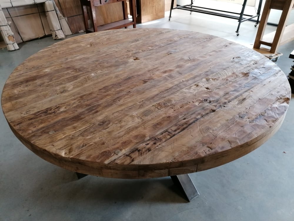 Ronde Teakhouten Eettafel Stalen Poot - Ø 180 cm (8 cm)