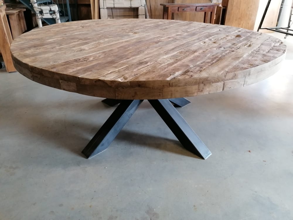 Ronde Teakhouten Eettafel Stalen Poot - Ø 180 cm (8 cm) - Afbeelding 5