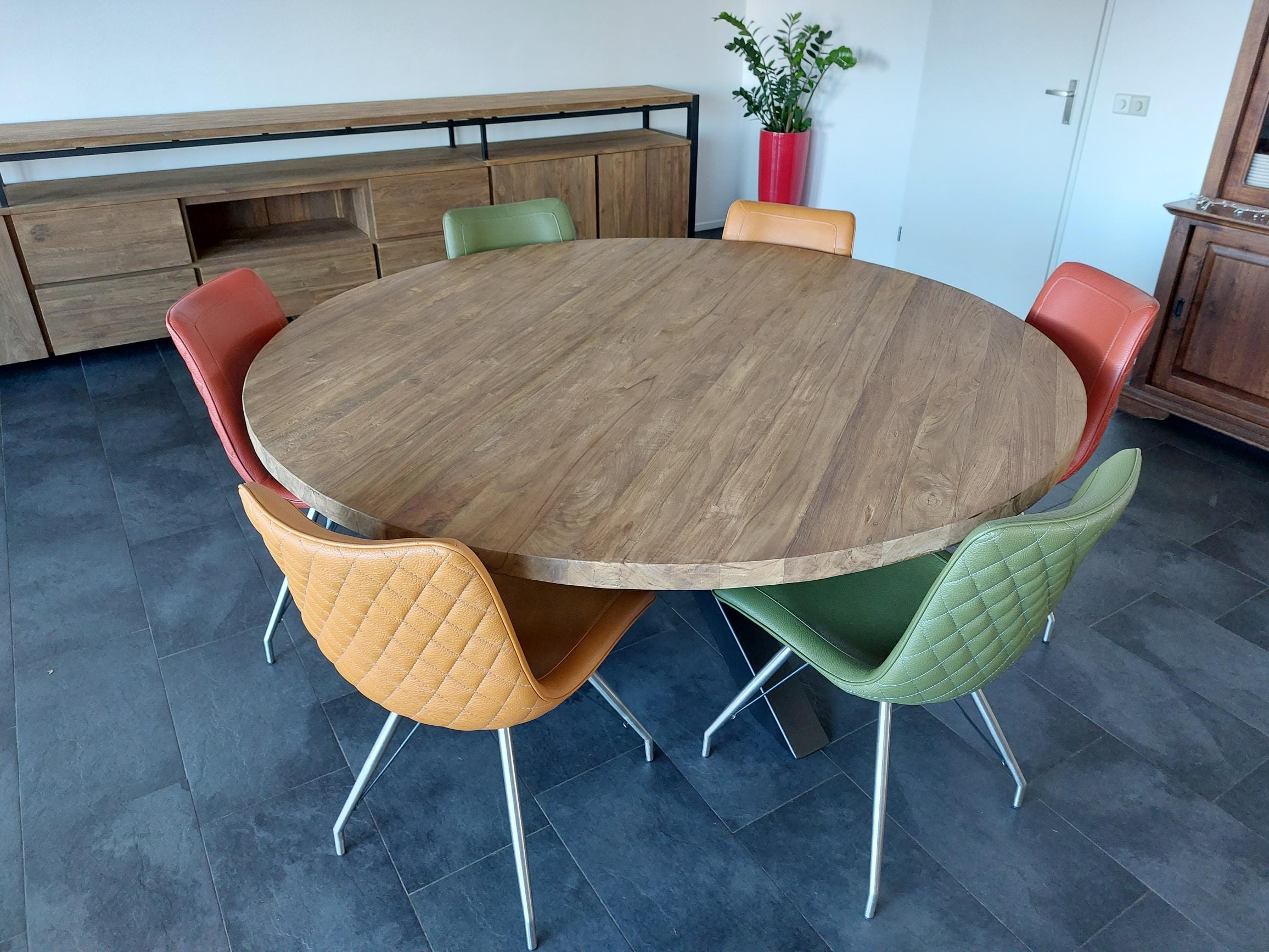 Ronde Teakhouten Eettafel Spinpoot Staal - Ø 180 cm
