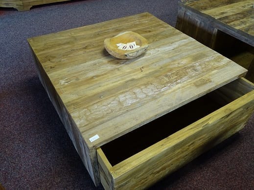 Strakke Salontafel 100x100 cm - Oud Teak Met 2 Laden