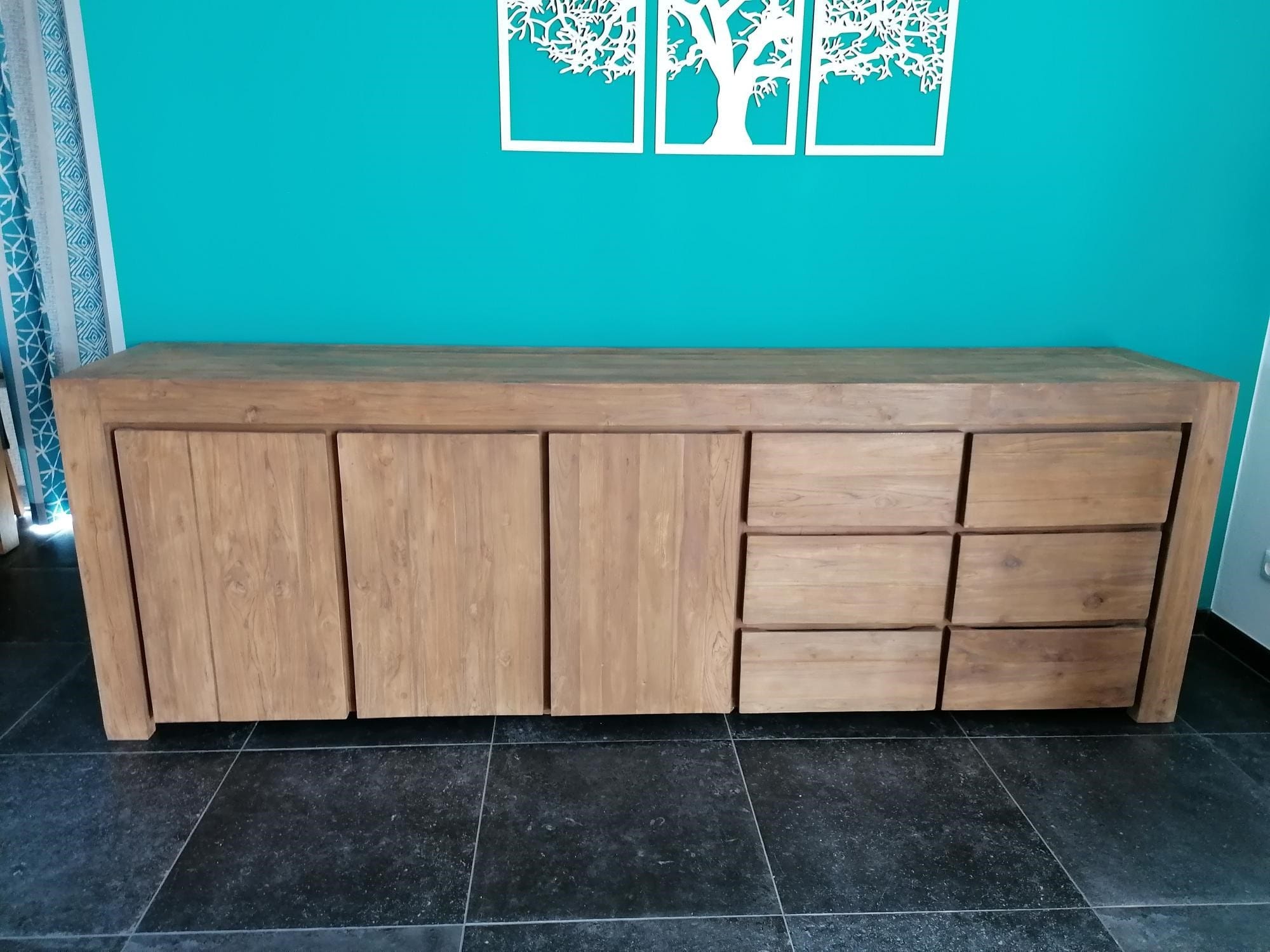 Teak Dressoir 270 cm - XXL Oud Houten Opbergkast Geborsteld