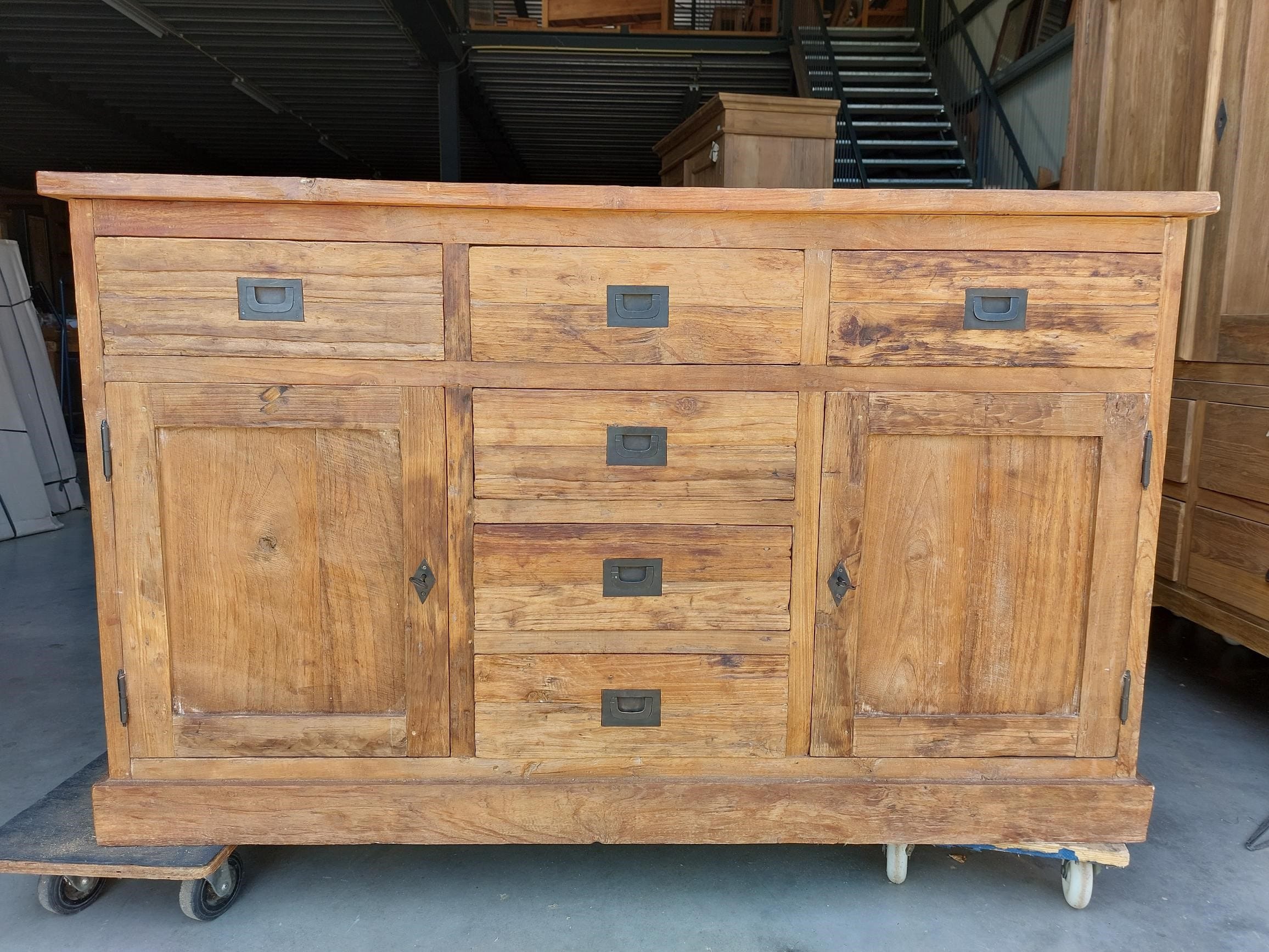 Teak Dressoir 150 cm - Oud Houten Opbergkast 5 Laden 2D