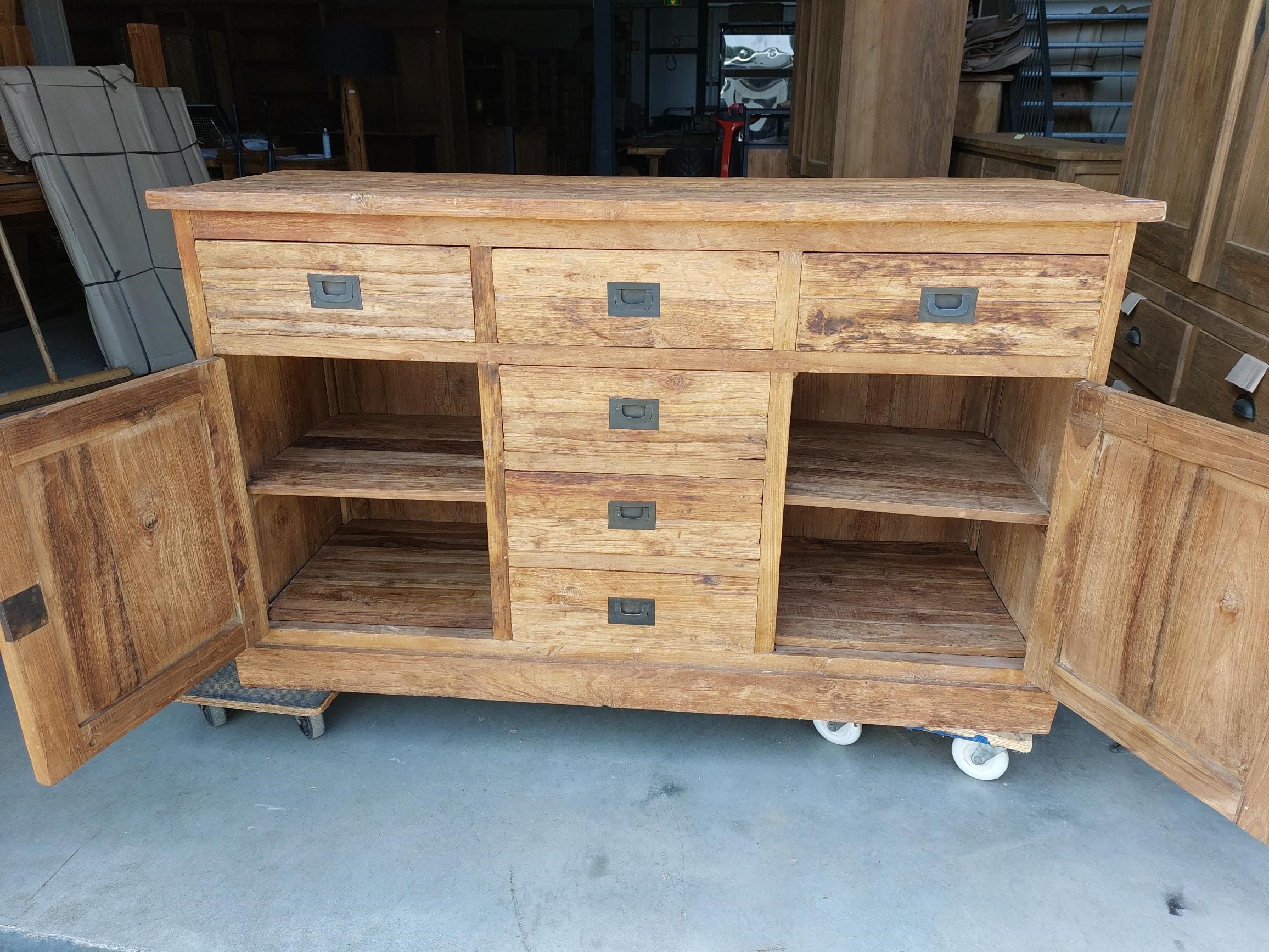 Teak Dressoir 150 cm - Oud Houten Opbergkast 5 Laden 2D - Afbeelding 2